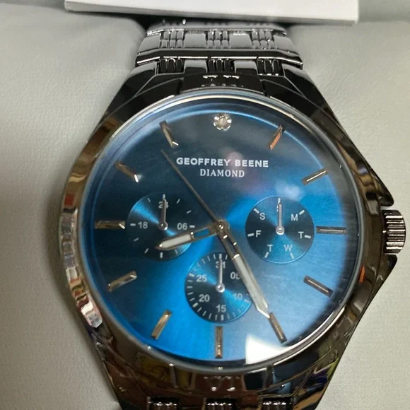 Geoffrey Beene Mens Diamond Blue Black Dress Watch 43mm SS Bracelet NWT - Picture 2 of 8